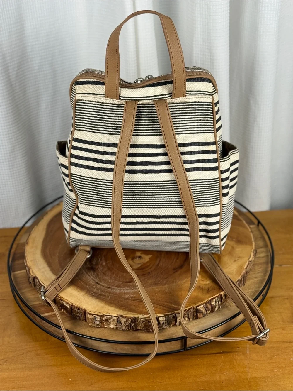 Relic Striped Black & Cream Canvas Backpack Purse with Tan Trim - EUC
